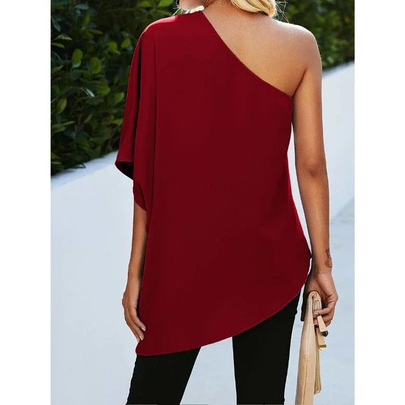 Off the shoulder One Shoulder Batwing Sleeve Blouse boho burgundy - Picture 3 of 10